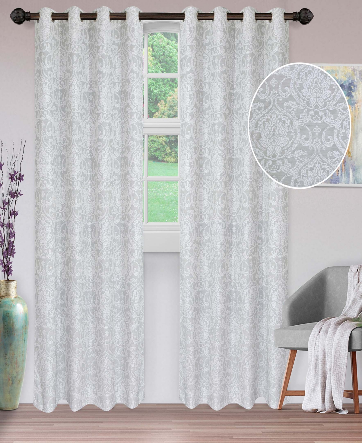 Lotus Jacquard Classic Floral Damask Window Curtain Panel Set with Grommet Header, 52 X 63 - Light grey