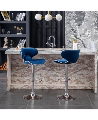 Masaccio Velvet Upholstered Adjustable Swivel Barstool, Set of 2, Blue