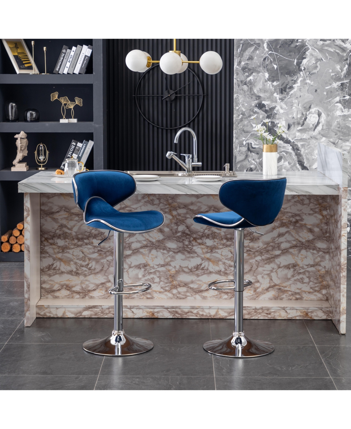 Streamdale Furniture Masaccio Velvet Upholstered Adjustable Swivel Barstool, Set of 2, Blue