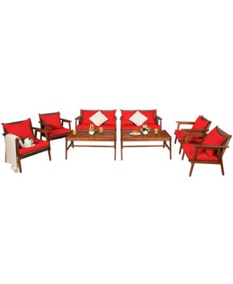 8PCS Patio Rattan Furniture Set Acacia Wood Frame Cushioned Sofa Chair