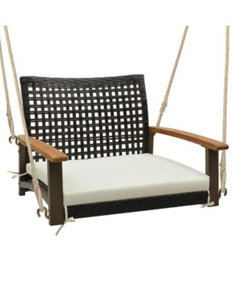 Single Rattan Porch Swing with Armrests Cushion and Hanging Ropes-White