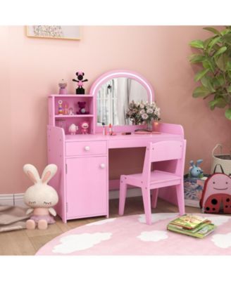 Kids Vanity Table and Chair Set with Shelves Drawer and Cabinet