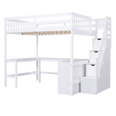 Streamdale Loft Bed with Desk, Shelves, and Staircase, Gray