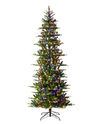 9ft Pre Lit Green Slim Fir Artificial Christmas Tree with 500 strawberry Lights,9 Functional Warm White Multi color, remote controller