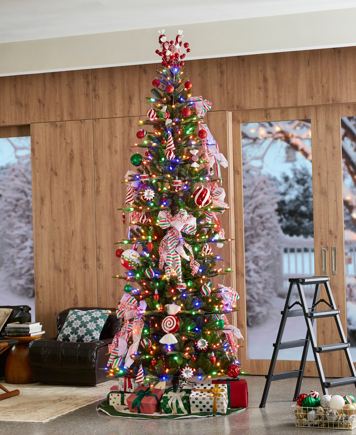 Glitzhome 9ft Pre Lit Green Slim Fir Artificial Christmas Tree With 500 Strawberry Lights,9 Functional Warm Wh In Multi