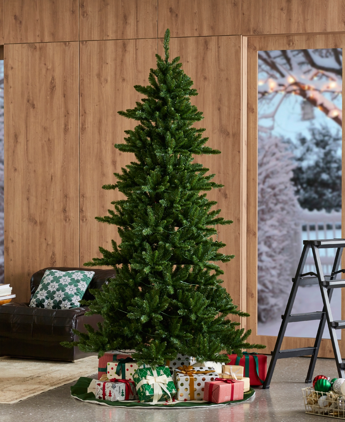 Glitzhome 7.5ft Pre Lit Green Slim Fir Christmas Tree With 400 Light Emitting Diode Lights, 9 Functional Warm In Multi