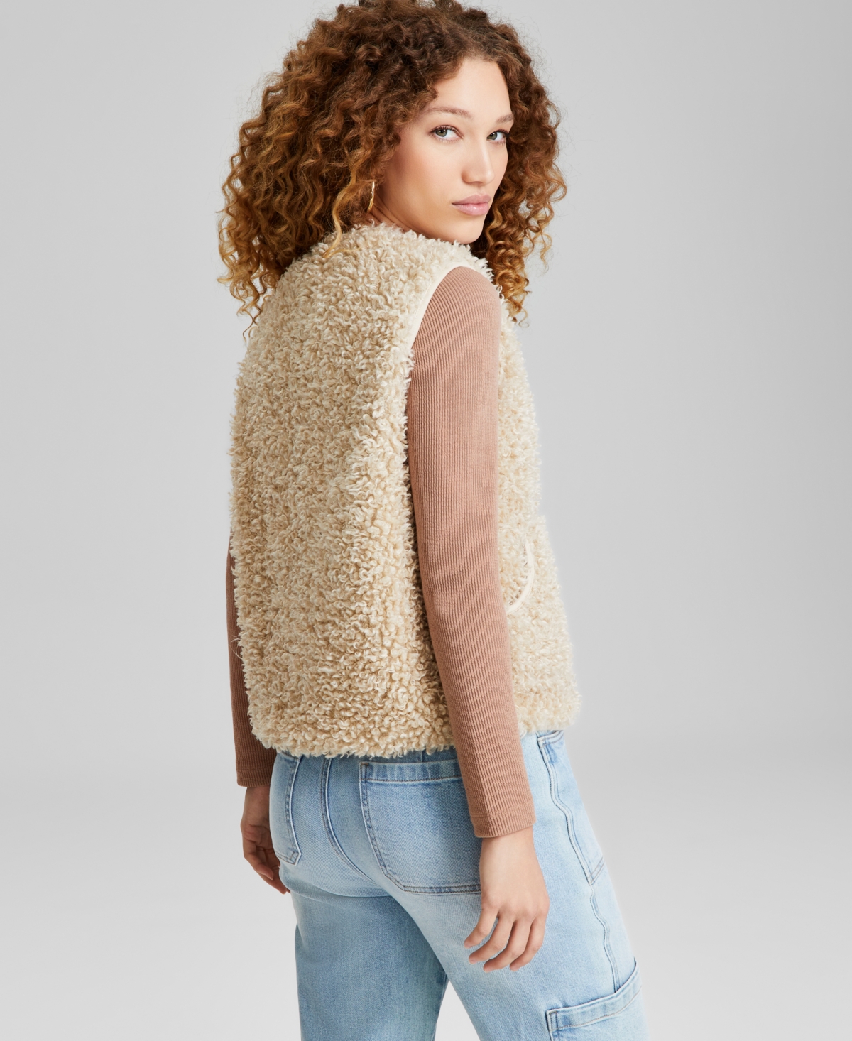 And Now This Women's Button-Front V-Neck Sherpa Vest, Created for Macy's