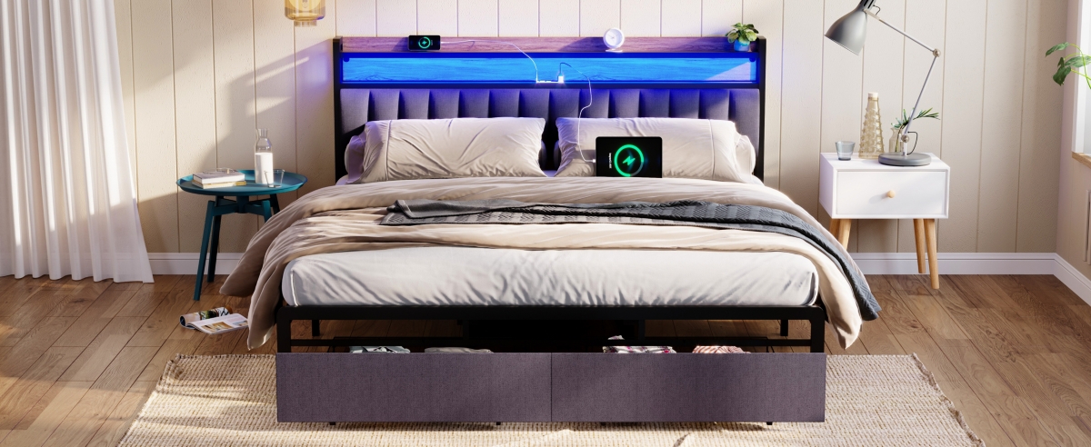 Streamdale Furniture Bed Frames With Storage and Led Platform Frame