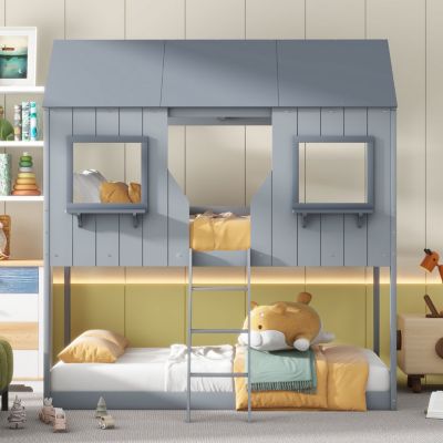 Streamdale Gray Bunk Bed with Roof, Window, and Guardrail