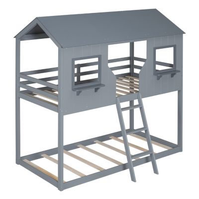 Streamdale Gray Bunk Bed with Roof, Window, and Guardrail