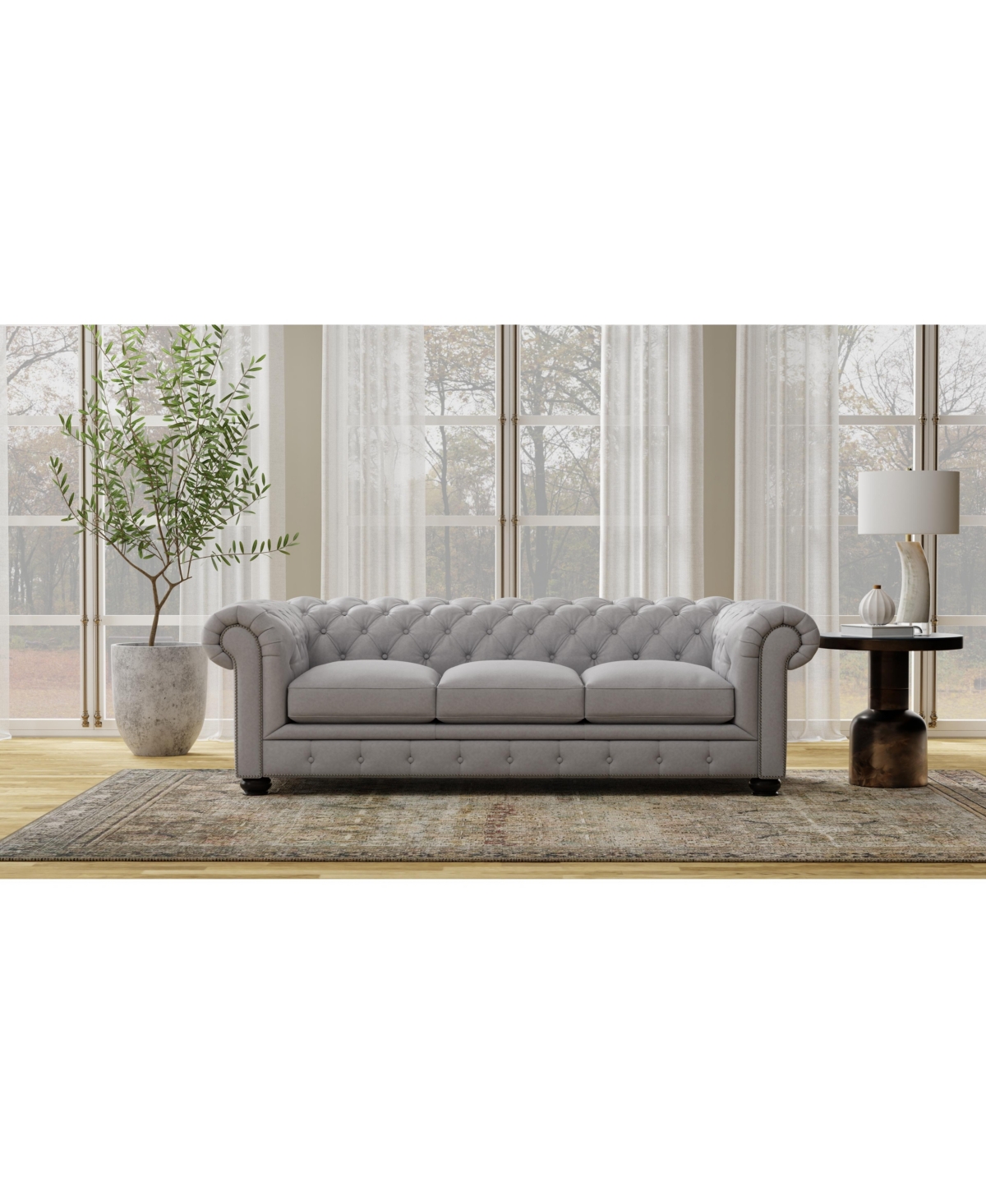 Nice Link Alexandon 95" Chesterfield Chair In Light Grey Italian Leather With Nailhead In Light Gray