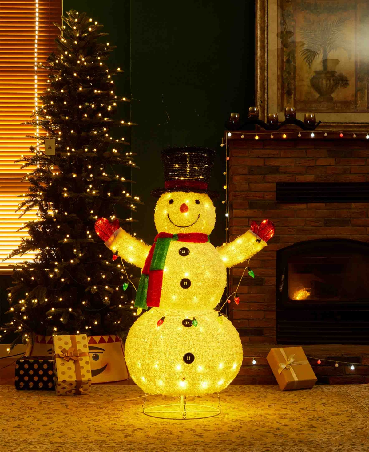 Glitzhome 47.25 H Lighted Christmas 3D Foldable Fabric Snowman Outdoor Decor with Colorful Bulbs and 160 Warm White Light Emitting Diode Lights - Mult
