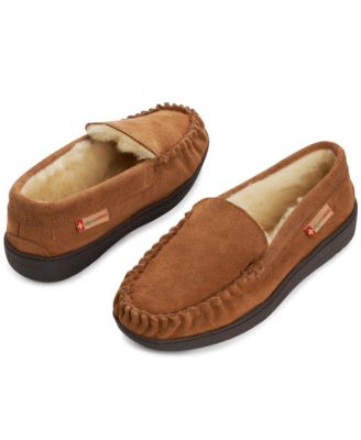 Men's Moccasin Slippers Genuine Suede House Shoe Memory Foam Insole Plush Faux Shearling Lining Comfy Indoor Outdoor Anti-Slip Rubber Sole