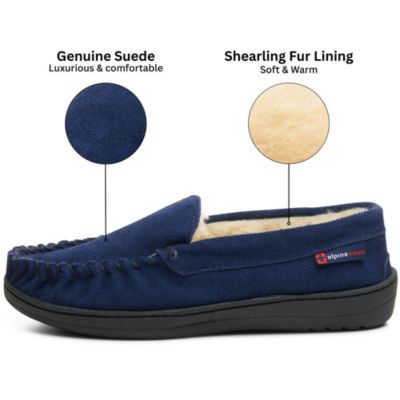 Men's Moccasin Slippers Genuine Suede House Shoe Memory Foam Insole Plush Faux Shearling Lining Comfy Indoor Outdoor Anti-Slip Rubber Sole