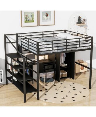 Metal Loft Bed With Table Set And Wardrobe, Full