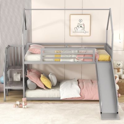 Twin Size Metal Bunk Bed House Bed With Slide And Staircase