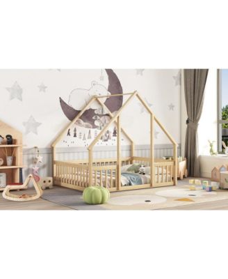 Simplie Fun Full Wood House-Shaped Floor Bed with Fence, Guardrails, Natural