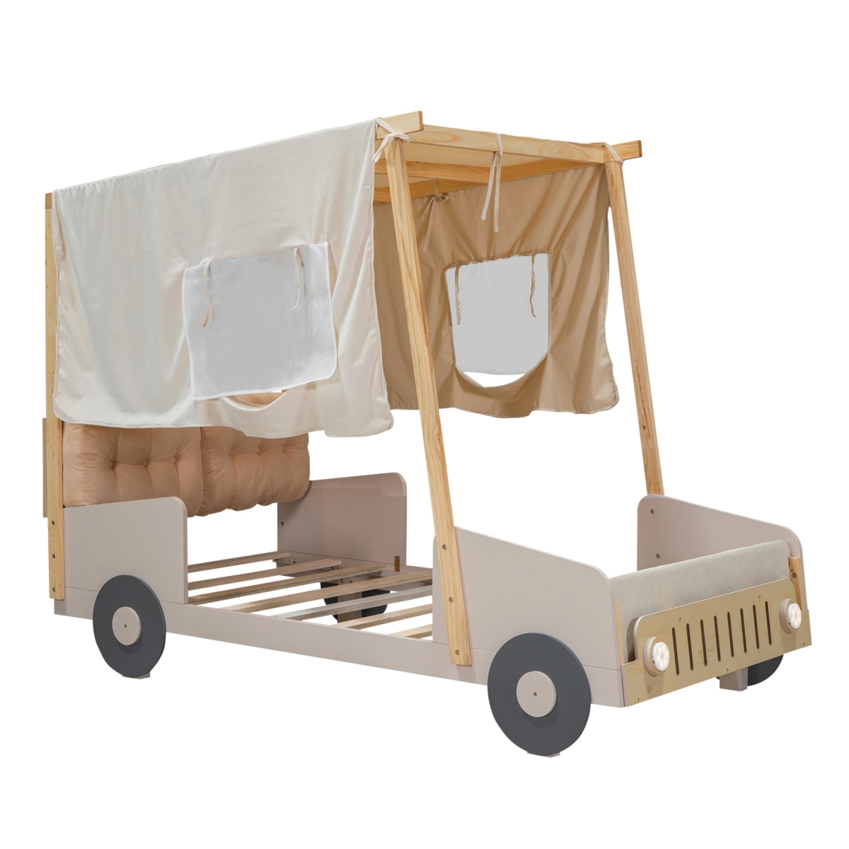 Simplie Fun Wood Twin Size Car Bed With Pillow, Ceiling Cloth And Led