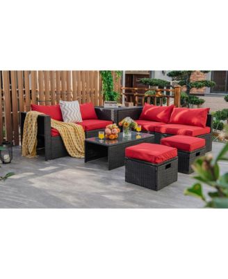 8PCS Patio Rattan Furniture Set Storage Table Ottoman