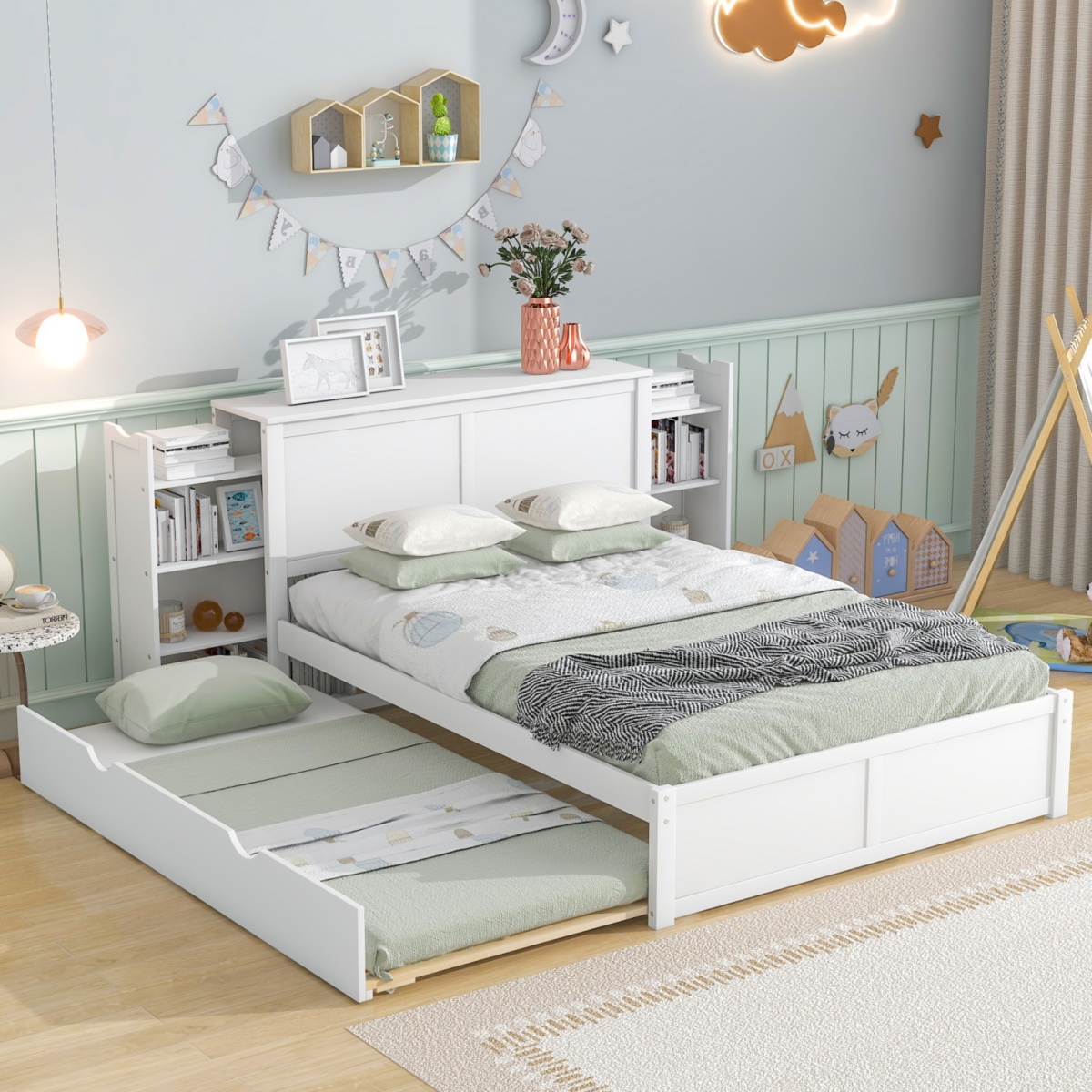 Streamdale Furniture Full Size Storage Platform Bed With Pull Out Shelves And Twin Size Trundle