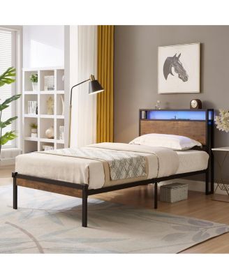 Modern Platform Bed with LED Lights, USB Ports