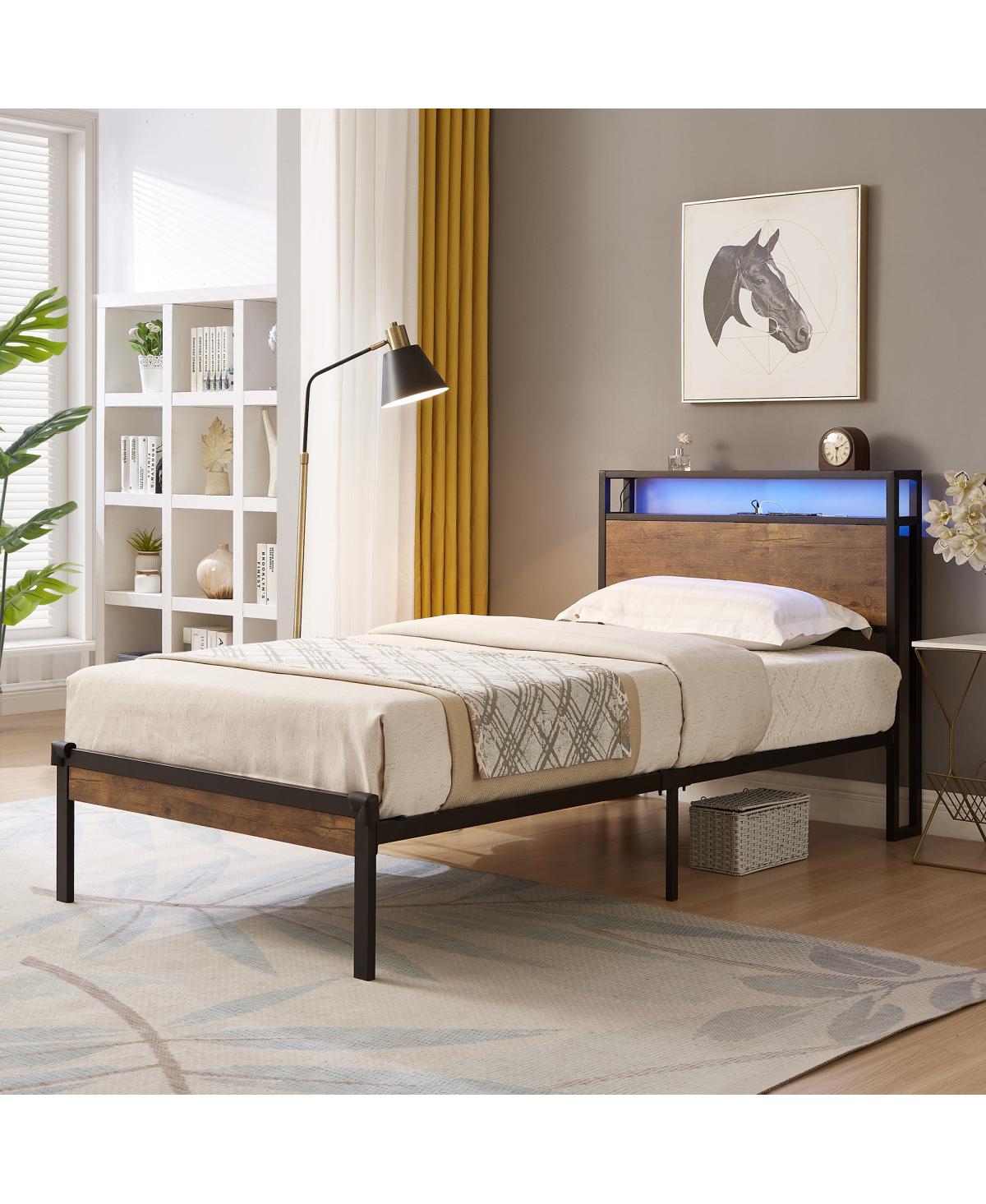 Streamdale Furniture Metal Platform Bed with Wooden Headboard, Led Lights, Usb Liner, Easy Assemble - Black+brown