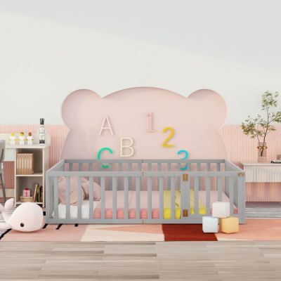 Streamdale Queen Size Wood Floor Bed Frame With Fence And Door