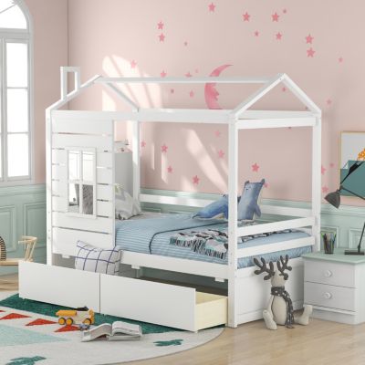 Twin Size House Bed Wood Bed With Two Drawers