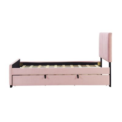 Streamdale Twin Size Velvet Upholstered Platform Bed With Twin Size Trundle, Pink