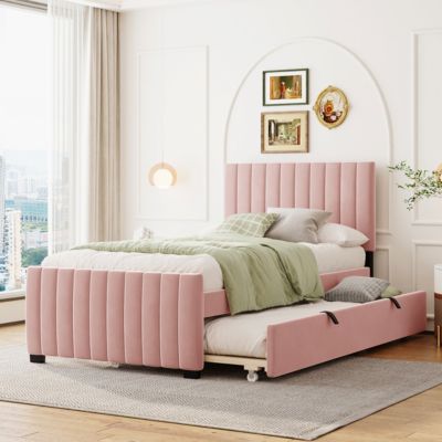Streamdale Twin Size Velvet Upholstered Platform Bed With Twin Size Trundle, Pink