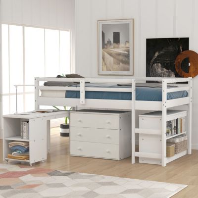 Streamdale Low Study Twin Loft Bed With Cabinet And Rolling Portable Desk