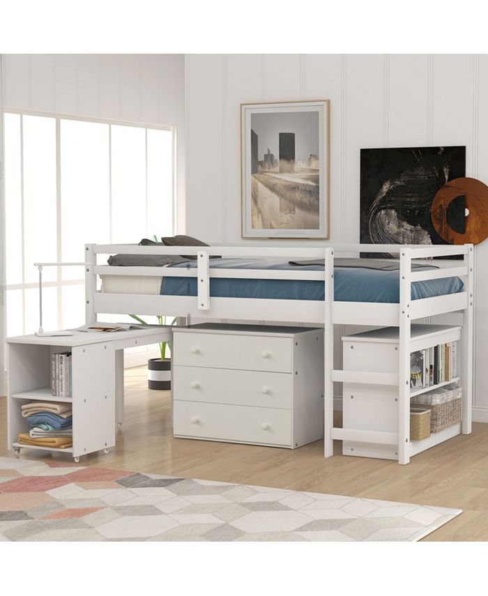 Simplie Fun Low Study Twin Loft Bed With Cabinet And Rolling Portable ...