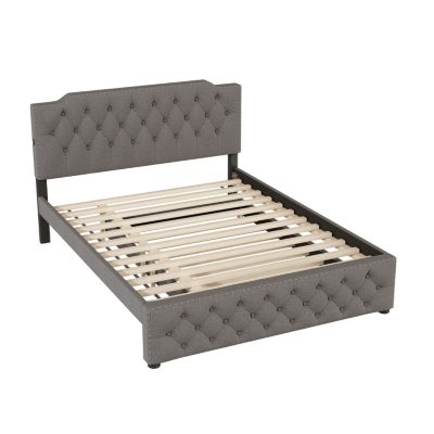 Streamdale Gray Upholstered Queen Platform Bed with Trundle & USB Ports