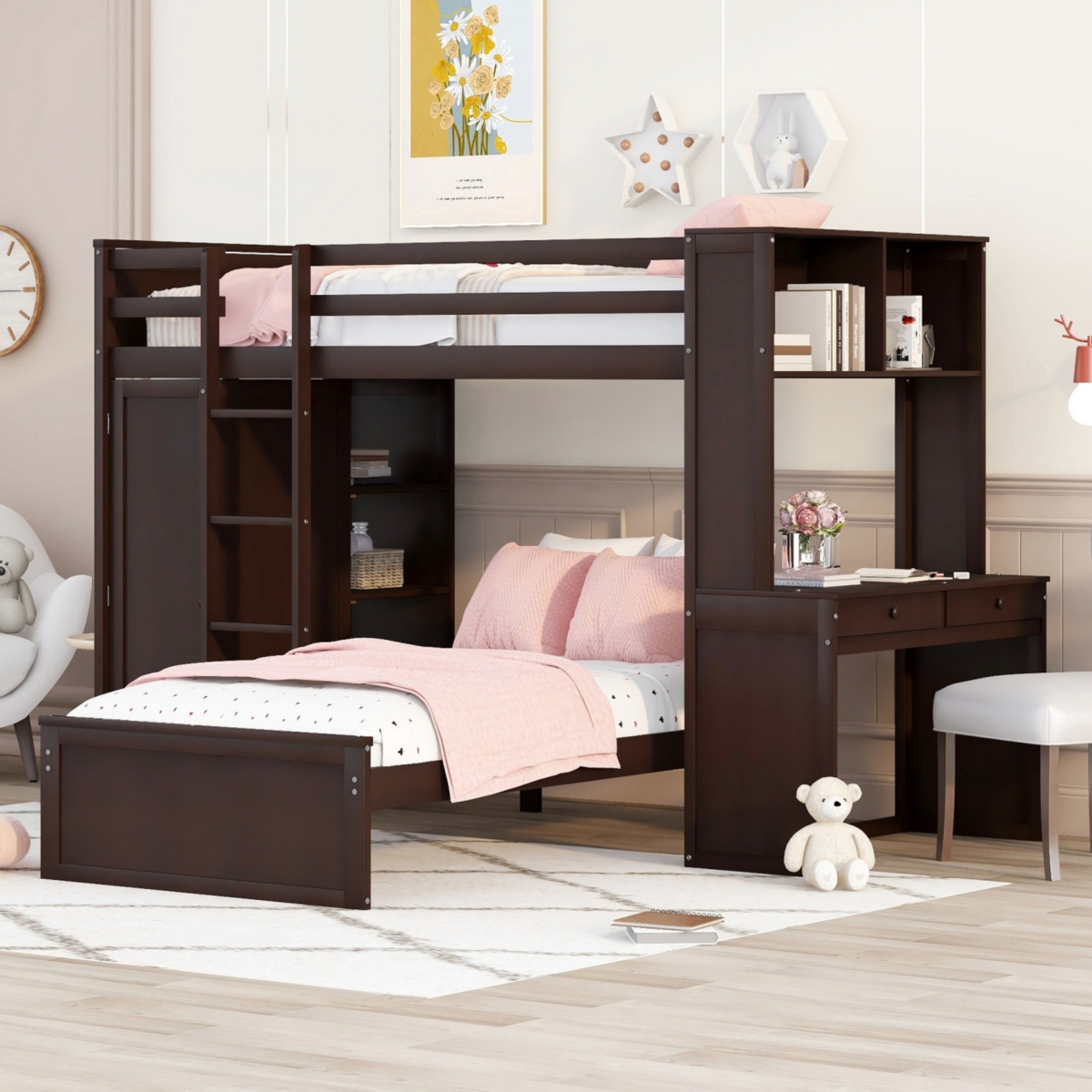 Streamdale Twin Size Loft Bed With A Stand-Alone Bed, Shelves, Desk, And Wardrobe - Espresso