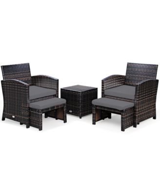 5PCS Rattan Patio Furniture Set Chair & Ottoman Set w/ Grey Cushions