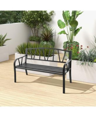 Patio Garden Bench with Metal Frame and Slatted Seat-Black
