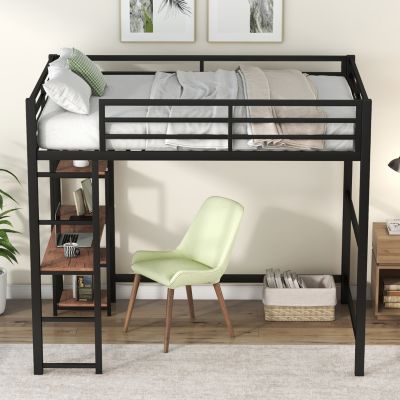 Full Size Metal Loft Bed With Built-In Desk And Storage Shelves