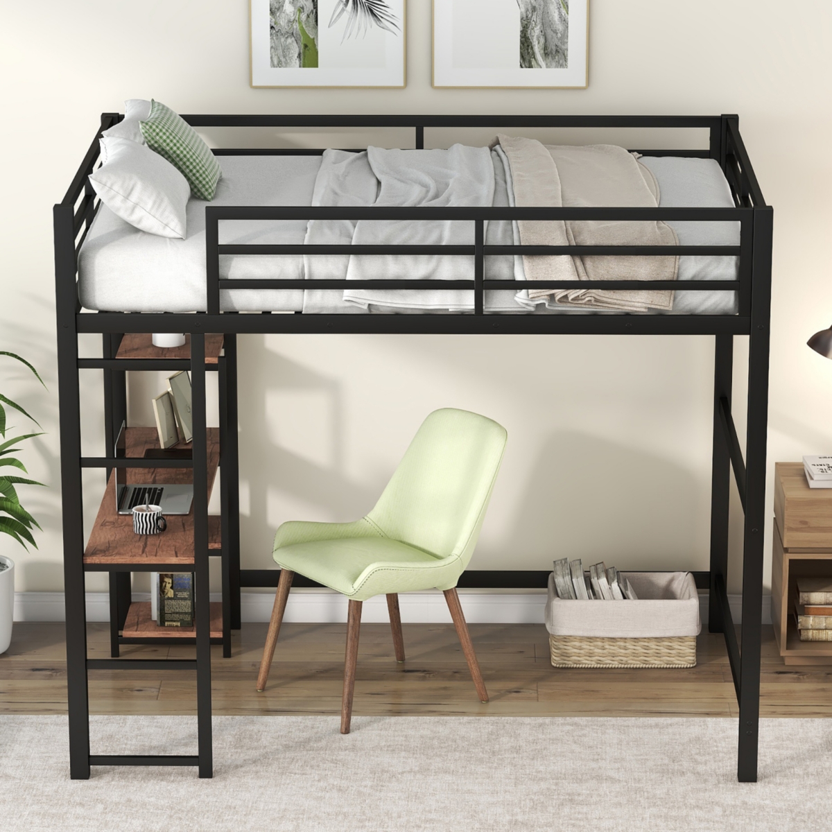 Simplie Fun Full Size Metal Loft Bed With Built-In Desk And Storage Shelves
