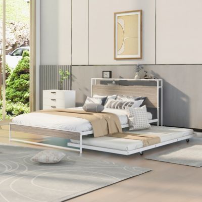 Metal Platform Bed Frame with Trundle and USB