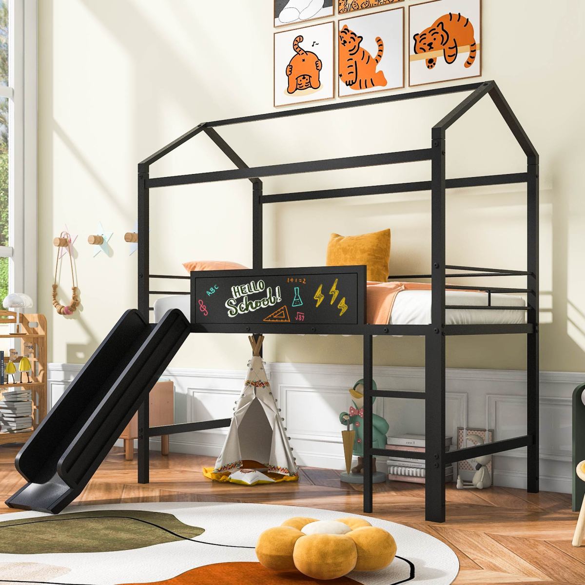 Streamdale Twin Loft Metal Bed with Slide and Writable Board