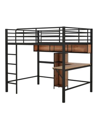  Full Size Metal & Wood Loft Bed With L - Shaped Desk And Shelves
