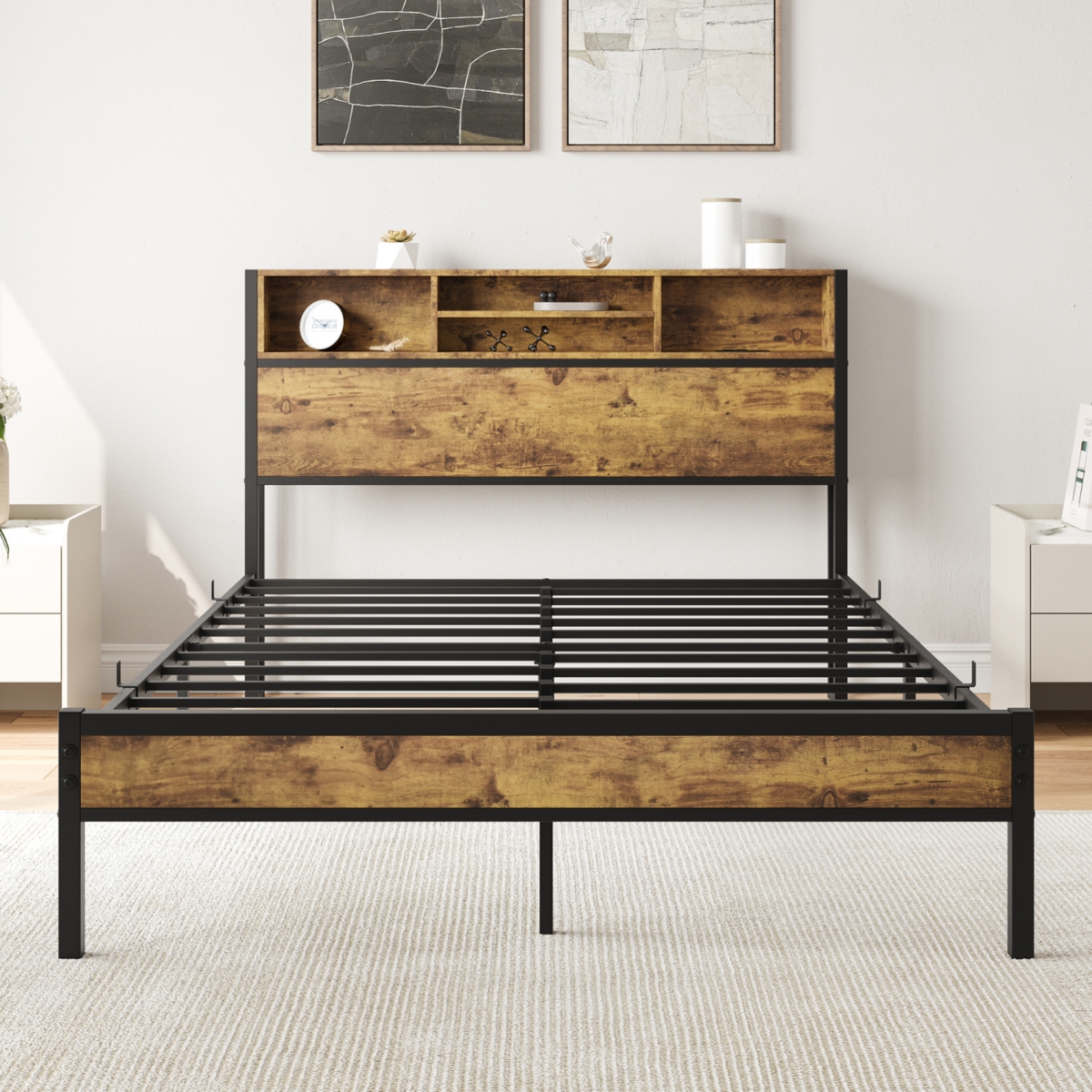 Black Metal Platform Bed with Storage & Charging Station