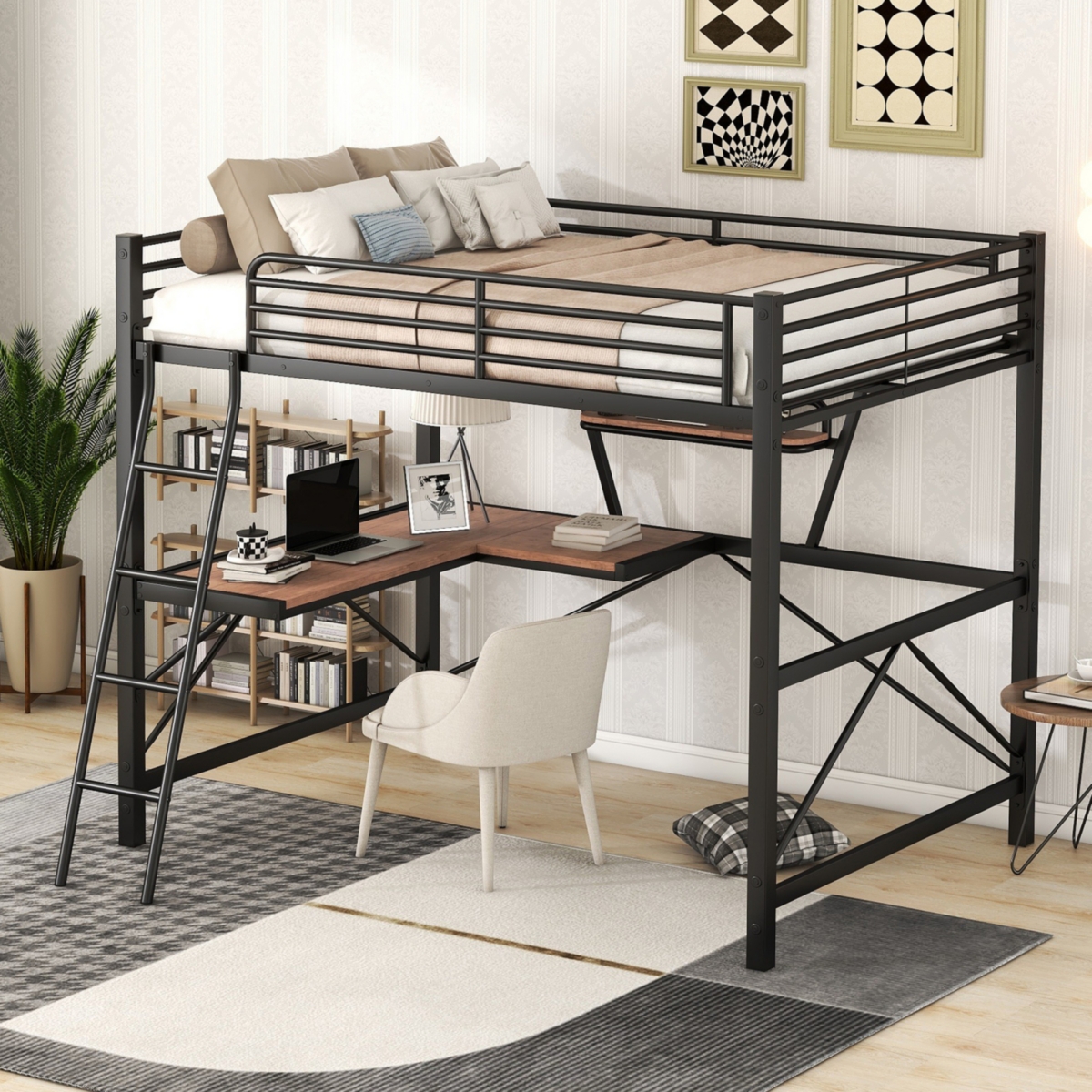 Simplie Fun Full Size Loft Metal&Mdf Bed With Desk And Shelf