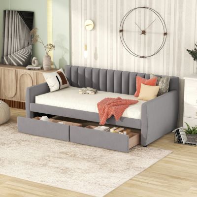 Twin Size Upholstered Daybed With Drawers, Wood Slat Support