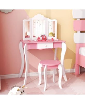Kid's Wooden Vanity Table and Stool Set with 3-Panel Acrylic Mirror-White