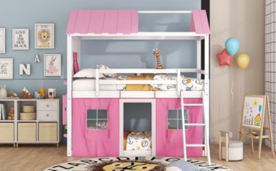 Streamdale Twin Size Bunk Wood House Bed With Elegant Windows, Sills And Tent