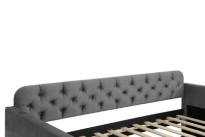 Velvet Upholstered Daybed with Trundle and USB Charging