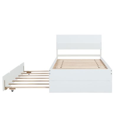 Modern Twin Bed Frame with Trundle, White Gloss Finish
