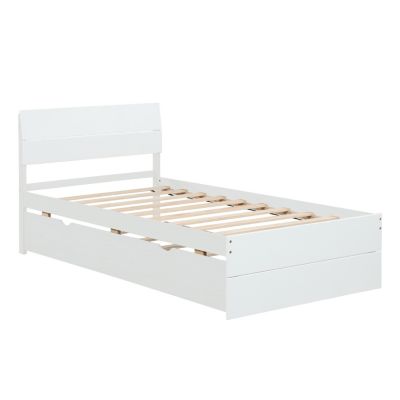 Modern Twin Bed Frame with Trundle, White Gloss Finish