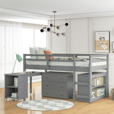 Twin Wood Loft Bed with Cabinet & Rolling Desk Low Study Design